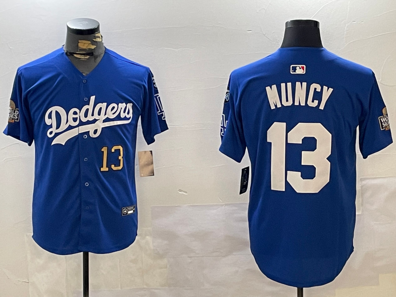 Men Los Angeles Dodgers 13 Muncy 2024 World series patch blue jersey 20241120120